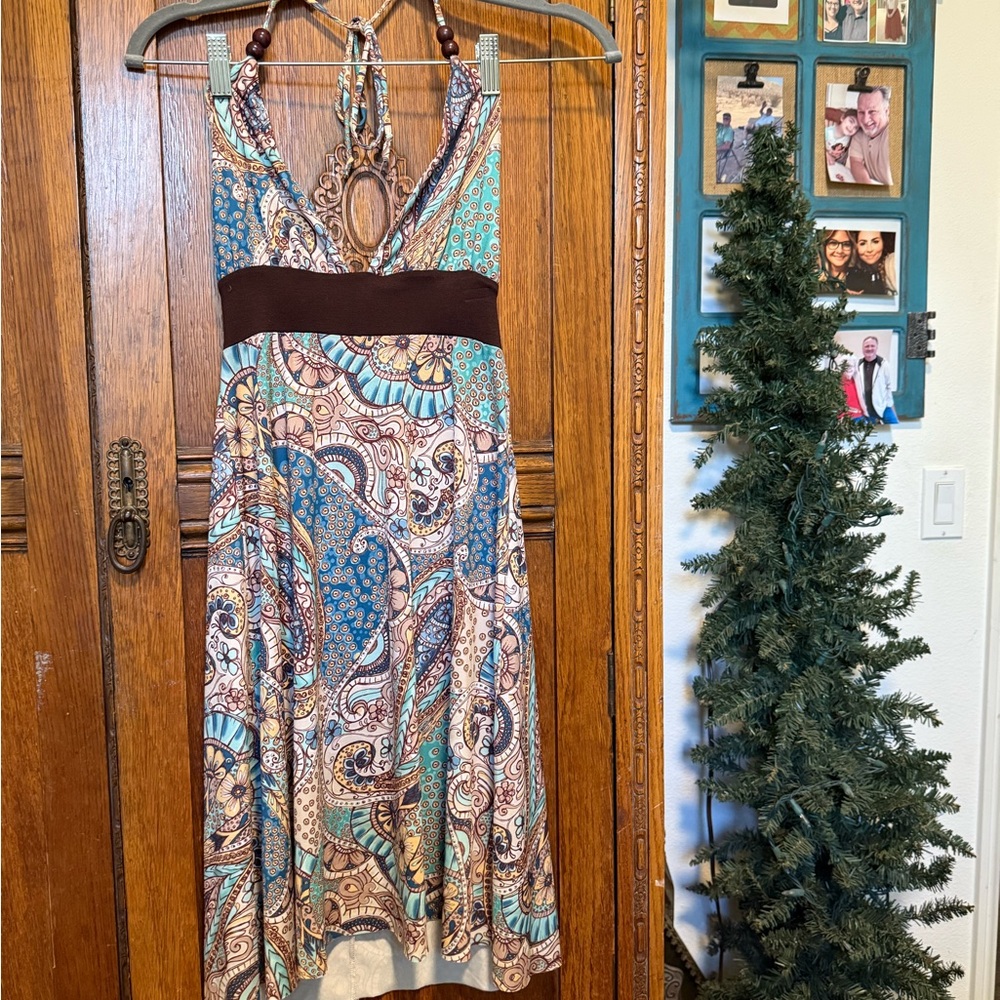 Elan Backless Dress with Blue and Brown Paisley